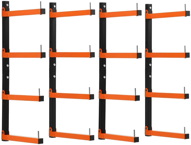 Main image of VEVOR Lumber Rack, 4-Tier 4-Pack 110 lbs per Tier, Foldable Wood Storage, Wall-mounted for Garages, Workshops, Warehouse, Heavy-Duty Cantilever Arms, 3-Level Adjustment, Steel, Orange & Black