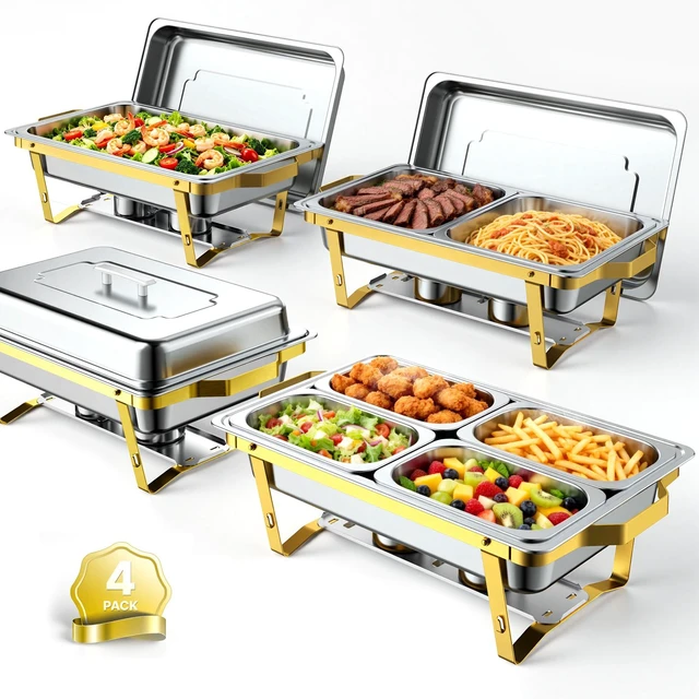 Main image of VEVOR 4 Packs Chafing Dishes for Buffet Set, 9QT Stainless Steel Chafer, for Banquet Party Wedding, Rectangle Buffet Server Warmer, 2 Full & 2 Half & 4 Fourth-Size Pans, Fuel Holder, Tong, Glass Pad