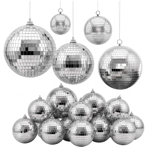 Main image of VEVOR Mirror Disco Ball 3.2" 4" 6" 8" 12" 17-Pack Balls with Hanging Ring, for Party Home Decoration Stage Props DJ Dance Club, 2 Mirror Tile Sizes, Reflects Light, Wedding Birthday Decor, Silver