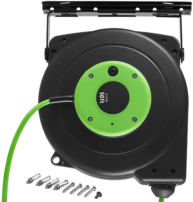 Main image of VEVOR Retractable Extension Cord Reel 50FT Heavy Duty 14AWG/3C SJTOW Green, for Ceiling/Wall Mount, 13A Circuit Breaker, Automatic Retractable Power Cord, Lighted Triple Tap, with 180° Swivel Bracket