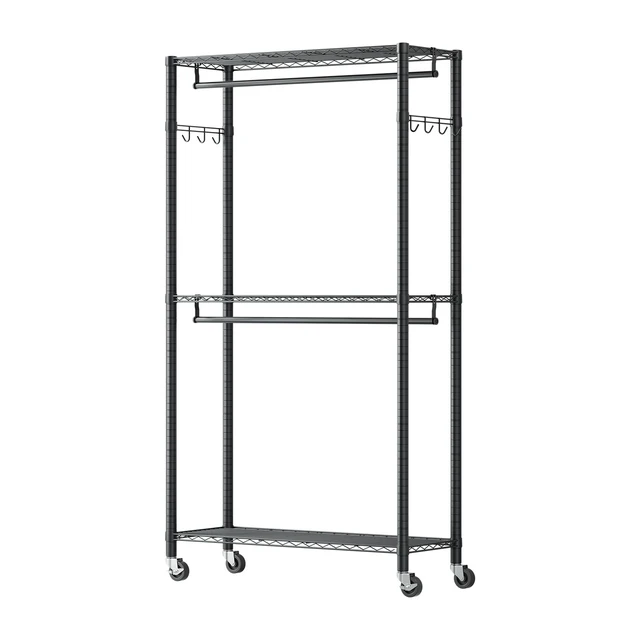 Alt view image 9 of 9 - VEVOR Rolling Clothes Rack, Heavy Duty Clothing Garment Rack, 3 Adjustable Tiers Clothing Racks with Carbon Steel, 450 lbs Load Capacity Closet Wardrobe for Bedroom, Clothing Store, Hallway