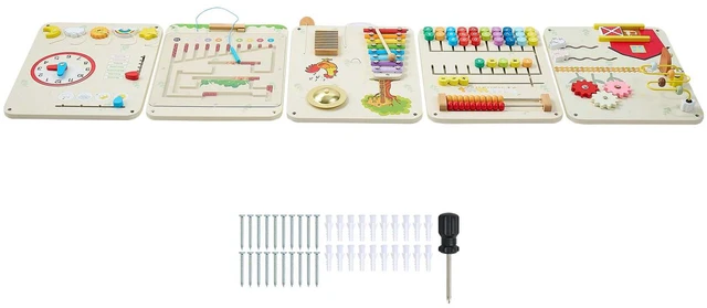 Main image of VEVOR Wall Busy Board, 16-in-1 5 Panels Montessori Sensory Activity Panels, Learning Activity Center for Daycare, Classroom, Playroom, and Home, Sturdy Wooden Educational Toys, with Mounting Hardware