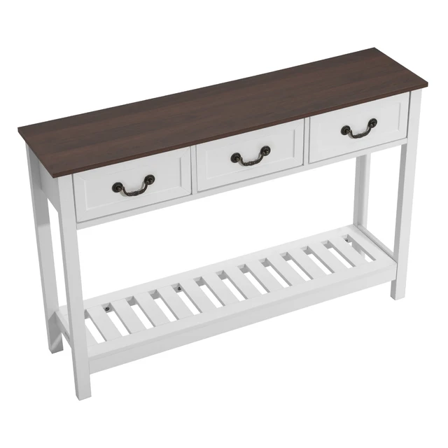 Alt view image 2 of 2 - Vevor 47 in Console Table, Farmhouse Desk Behind the Couch with Drawers and Bottom Storage Shelf, Wooden Rectangle Entrance Narrow Sofa Table for Hallway, Bedroom, Living Room, Foyer, Brown + White