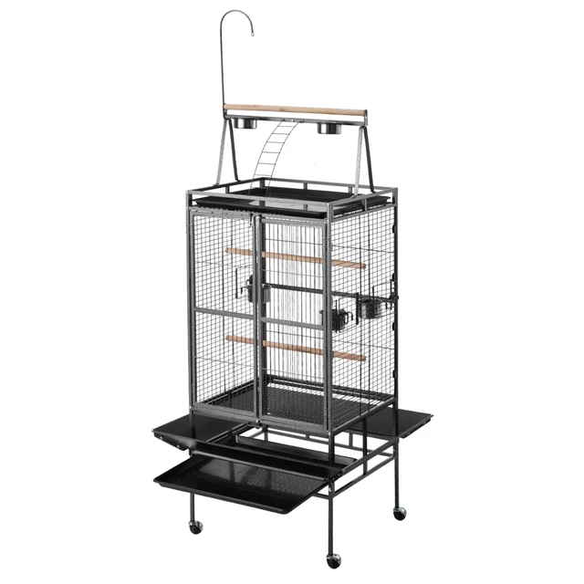 Alt view image 9 of 9 - Bird Cage, 32.7 x 31.1 x 82.7 inch, Open Flat Top, Wrought Iron Bird Flight Cage with Perches, Slide-Out Tray, Plastic Feeders, for Cockatiel, Monk Parakeet, Amazon Parrot, African Grey Parrot