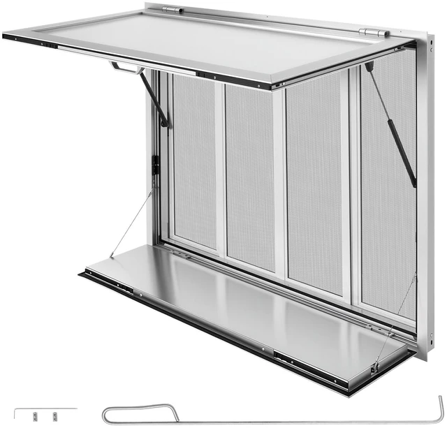 Main image of VEVOR Concession Window Folding Shelf 48x36in Aluminum Alloy Service Window, for Food Truck, Up to 85 Degrees, with 4 Sliding Screen Windows, Awning Door and Drag Hook, Rainwater Resistant