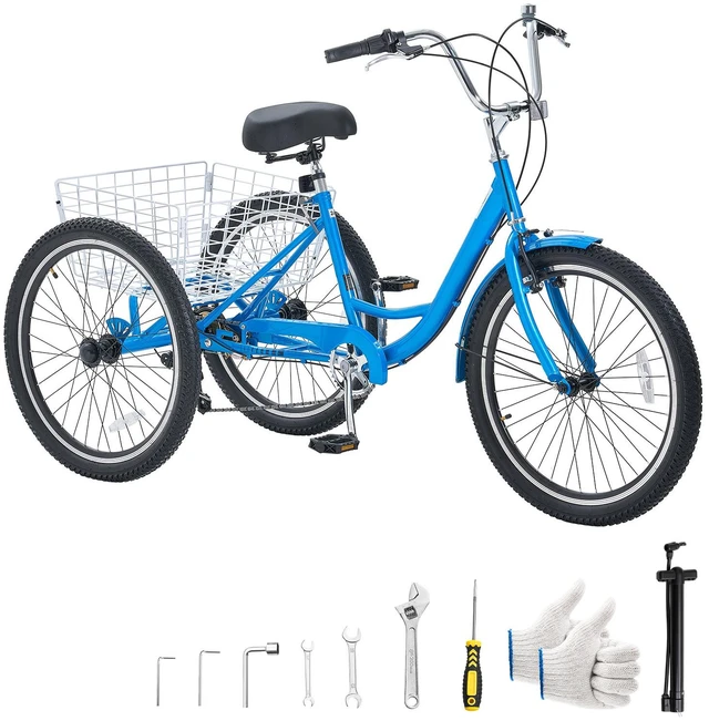 Main image of VEVOR Adult Tricycle 24 inch 7 Speed Trikes for Adult 3 Wheel Cruiser Bike, w/ Cargo Basket, Adjustable Seat, and Double-Wall Wheel Rims, Carbon Steel Shopping Tricycles for Women, Men, Senior (Blue)