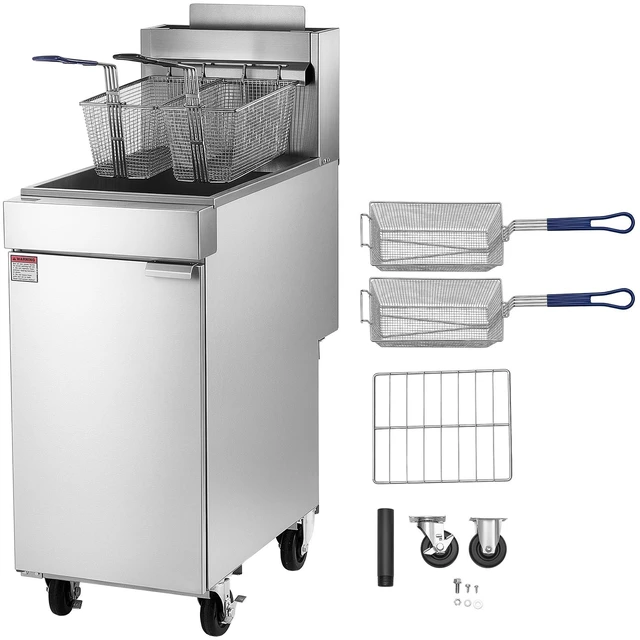 Main image of VEVOR Commercial Propane Deep Fryer 90,000 BTU with 2 Baskets, 3-Tube Burner Fryer, Stainless Steel Floor Standing Deep Fryers Cart, 40 lbs Capacity for Restaurants