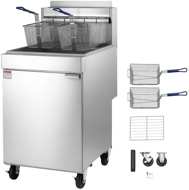 Main image of VEVOR Commercial Propane Deep Fryer 150,000 BTU with 2 Baskets, 5-Tube Burner Fryer, Stainless Steel Floor Standing Deep Fryers Cart, 80 lbs Capacity for Restaurants