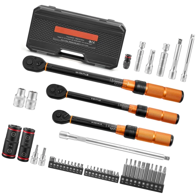 Main image of VEVOR Torque Wrench Set 1/4" 3/8" 1/2" Drive Click Torque Wrench 47-Piece, Dual Scale Readings, ±3% High Precision, with Spark Plug Sockets, Bits, Extension Bars, Storage Case, for Automotive Repair