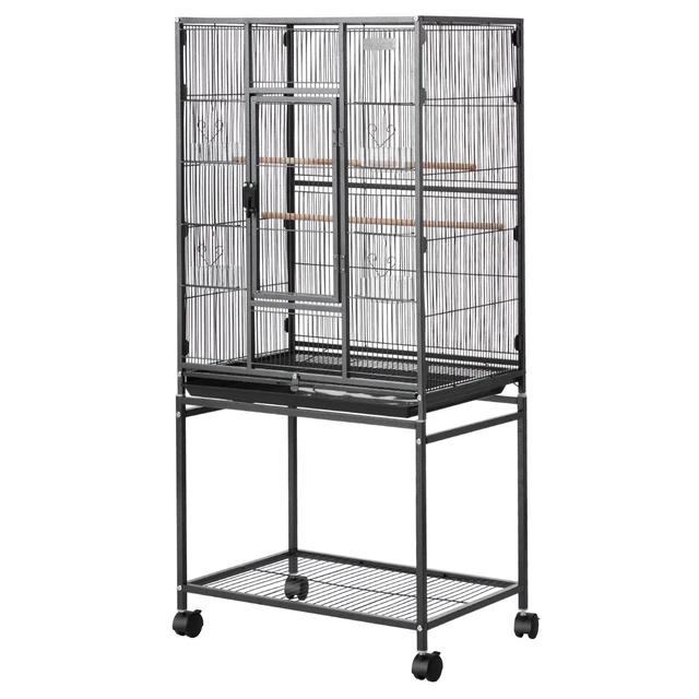 Alt view image 9 of 9 - Bird Cage, 24.6 x 16.7 x 53.9 inch, Flat Top, Wrought Iron Bird Flight Cage with Perches, Slide-Out Tray and Plastic Feeders, Casters, for Parrot, Blue Tit, Cockatiel, Canary, Budgerigar, Conure