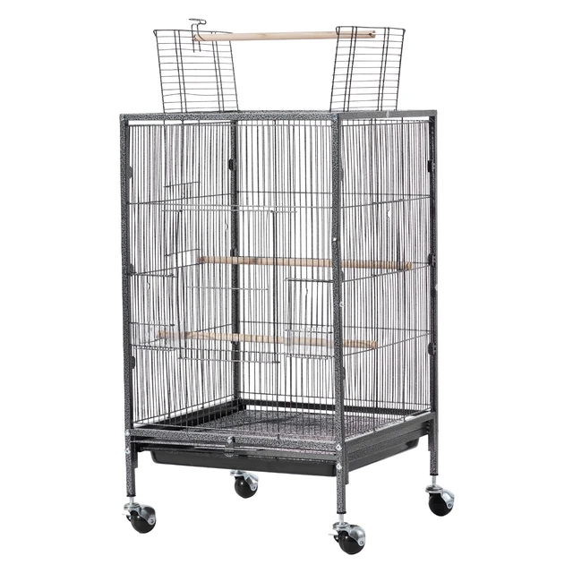 Alt view image 9 of 9 - Bird Cage, 18 x 18 x 30 inch, Open Flat Top, Wrought Iron Bird Flight Cage with Perches, Slide-Out Tray and Plastic Feeders, Casters, for Parrot, Blue Tit, Cockatiel, Canary, Budgerigar, Conure