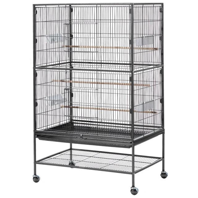 Alt view image 9 of 9 - Bird Cage, 31.5 x 20.5 x 52 inch, Flat Top, Wrought Iron Bird Flight Cage with Perches, Slide-Out Tray and Plastic Feeders, Casters, for Parrot, Blue Tit, Cockatiel, Canary, and Monk Parakeet