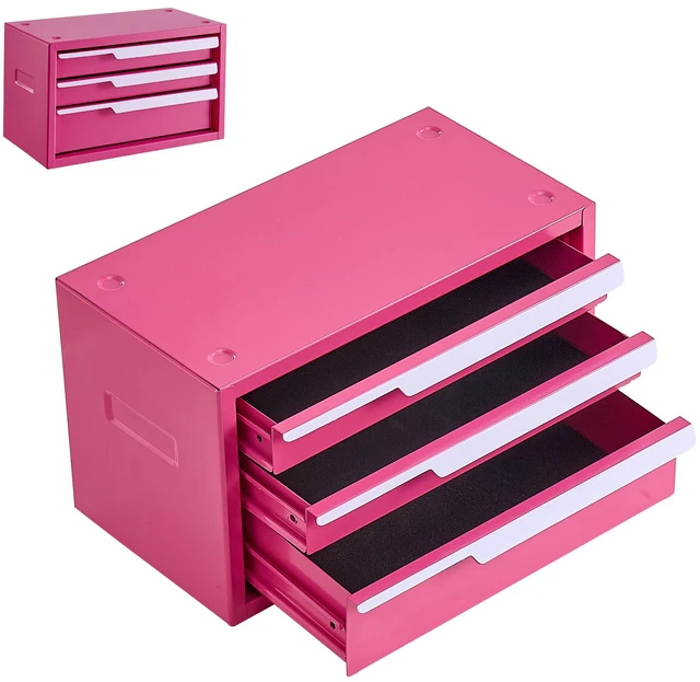 Main image of VEVOR Steel Tool Box with 3 Drawers Portable Metal Toolbox Heavy Duty Pink, for Garage Workshop Repair Shop Workbench, Magnetic Design, Tool Chest Cabinet Storage Organizer, with Protective Liners