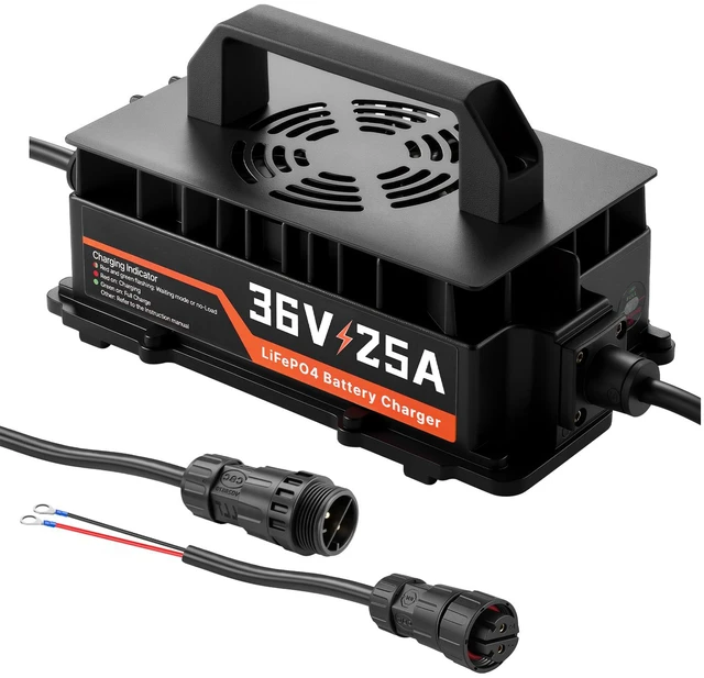 Main image of VEVOR Golf Cart Battery Charger 36V 25A Club Car EZGO Lithium Smart Charger, for LiFePO4 Battery, Aluminum Alloy Shell, Trickle Charging, LED Indicator, Cooling Fan, for Forklift, RV, IP67 Waterproof