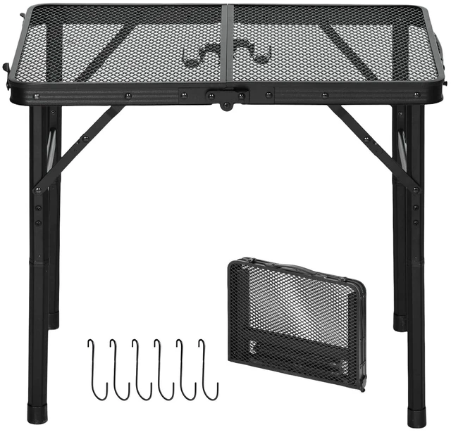 Main image of VEVOR Folding Grill Table 24x16 in Camping Tables 90 lbs Capacity Aluminum, Lightweight Compact for Picnic BBQ Tailgating, Adjustable Height, Outdoor Side Stand with Portable Handle, Black Metal Mesh