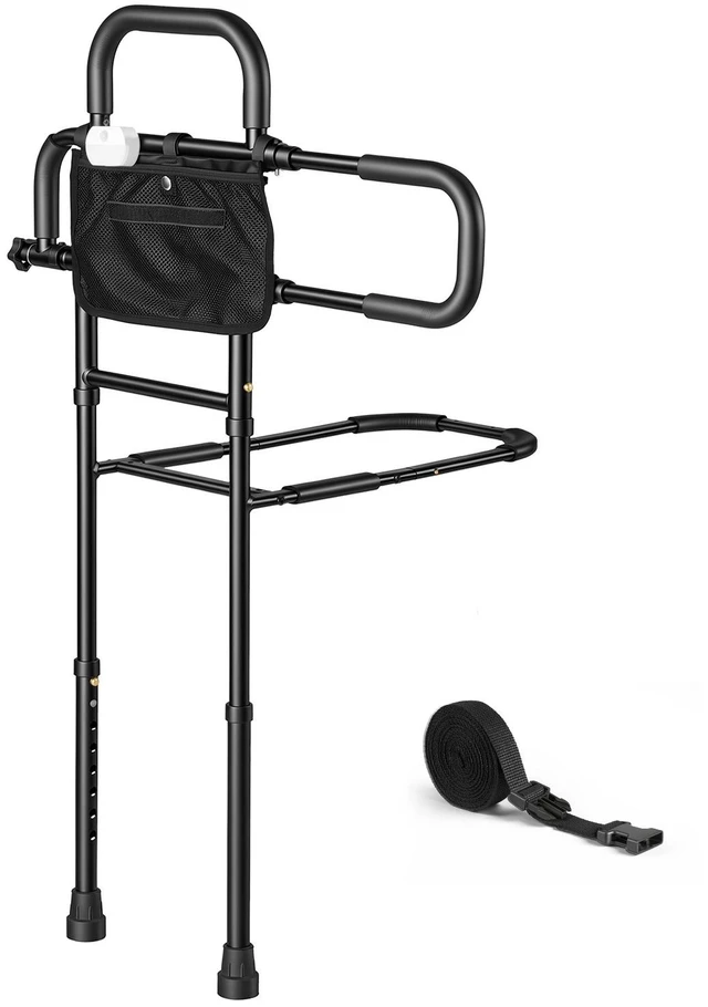 Main image of VEVOR Bed Rail for Elderly Adult Folding Bed Assist Rail with Floor Support, Motion Sensor LED Light, 300LBS Dual-Handle Support, Adjustable Handle Length, Storage Pocket, Fit King Queen Full Twin Bed