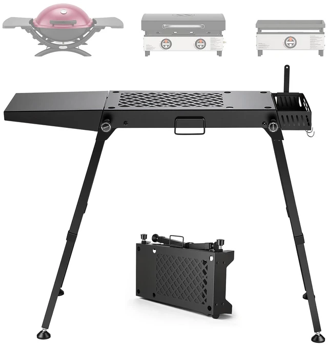 Main image of VEVOR Folding Grill Table 41x12 in Camping Griddle Stand Fit 17 & 22 in, for Picnic BBQ Tailgating, Carbon Steel, Adjustable Height, 350 lbs Capacity, Outdoor Cart with Seasoning Basket, Side Shelf