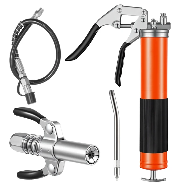 Alt view image 2 of 2 - Grease Gun, 8000 PSI, Pistol Grip Grease Gun Kit with 14 oz Capacity, Includes 18-Inch Flex Hose, Double Handle Grease Coupler, Extension Rigid Pipe & Sharp Type Nozzle for Automotive, Marine