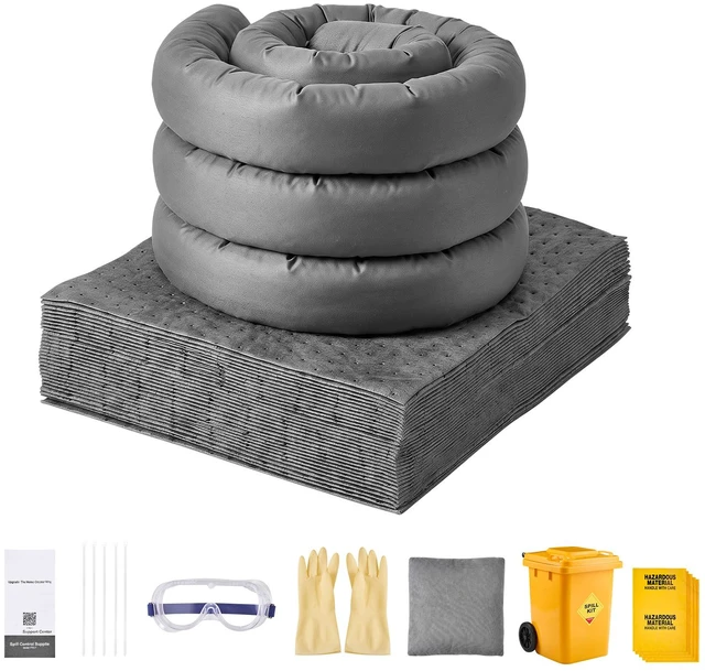 Main image of VEVOR Complete Spill Absorbent Kit for Oil & Water, 40PCS Heavy-Duty Oil Absorbent Pads, 3 Socks, 2 Pillows, 5 Hazardous Material Bags, 20-Gallon Wheeled Drum for Garage Workshop Spill Control