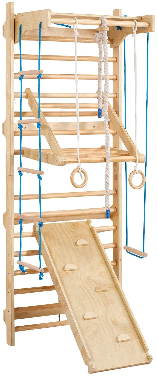 Alt view image 9 of 9 - Swedish Ladder Wall Gym, 8-in-1 15 Levels Solid Wood Wall Stall Bars, 220LBS Indoor Jungle Gym Climbing Playset with Wall Ladder, Slide Board, Pull-Up Bar, Gym Rings, Swing Seat, Rope Ladder