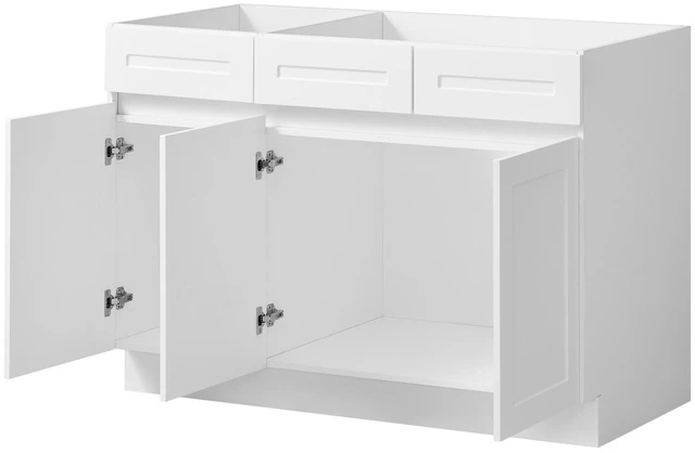 Main image of VEVOR White Shaker Base Cabinet Ready to Assemble, 48"W Unassembled Sink Base Cabinet, 48" W x 24" D x 34.5" H, with 3 Doors, Soft-Close Hardware, Fine Edge Banding, for Home, Office, and Laundry Room