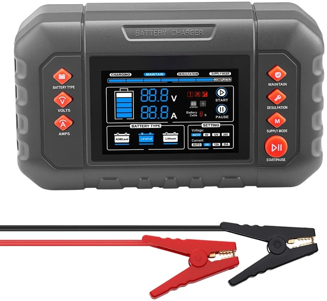 Alt view image 8 of 8 - VEVOR Smart Battery Charger, 25A, 6V 12V 24V Ternary Lithium LiFePO4 Lead-Acid (Gel/AGM) Battery Charger, with 3.4-Inch LCD Display, Trickle Charging Maintainer Desulfator, for Car, Boat, Motorcycle