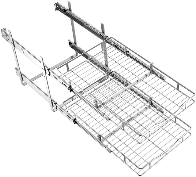 Main image of VEVOR 2 Tier Pull Out Cabinet Organizer 14.17"W x 21.06"D Slide Out Drawers, for Kitchen Bathroom Pantry Organization, Chrome-Plated Finish, Heavy Duty Steel Storage Sliding Shelves for Base Cabinets