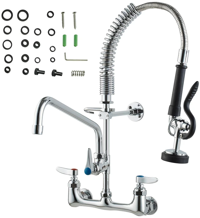 Alt view image 15 of 15 - VEVOR Commercial Faucet with Pre-Rinse Sprayer, 21" Height, 8" Center, 12" Swing Spout, Wall Mount Kitchen Sink Faucet, Brass Constructed Device with Pull Down Spray, for 1/2/3 Compartment Sink