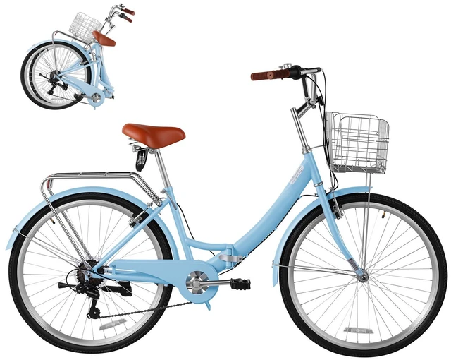 Main image of VEVOR Women Bike, 26 in Folding Beach Cruiser Bike, 7-Speed Adult City Bicycle with Steel Frame, 330 lbs Capacity, Basket, Rear Rack & Dual V-Brakes, Light Blue
