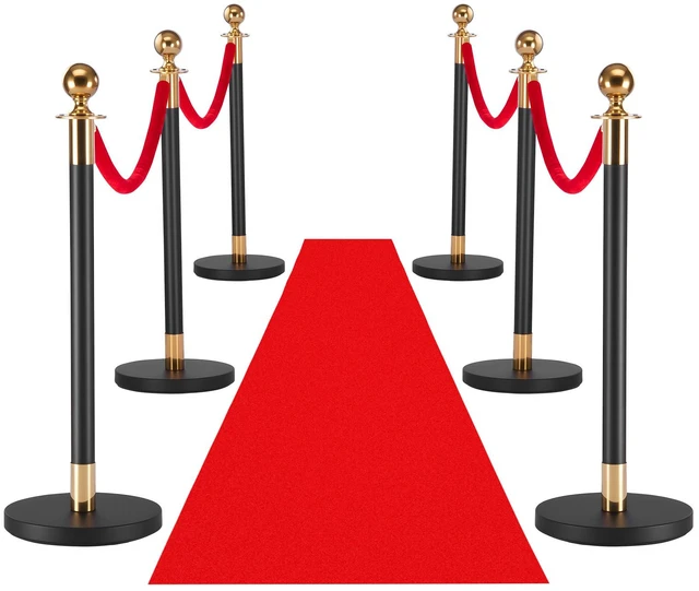 Main image of VEVOR Stanchion Post, 6 Pcs Crowd Control Barrier Set with Red Carpet, 4 Red Velvet Ropes, Stainless Steel Gold Stanchion Post Queue with Hollow Base for Theater, Party, Wedding, Exhibition (Black)