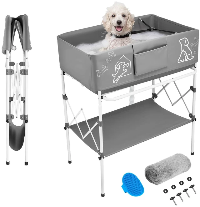 Alt view image 8 of 8 - VEVOR Dog Bathtub, Elevated Dog Bath Tub, Collapsible Pet Bathing Grooming Wash Station, Portable Foldable Space-saving, with Built-In Drain Hose for Small and Medium Pet Cat Indoor & Outdoor, Gray