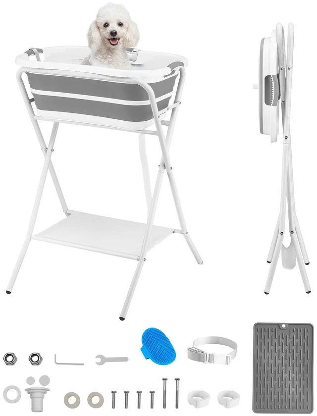 Main image of VEVOR Dog Bathtub, Elevated Dog Bath Tub, 2 in 1 Collapsible Pet Bathing Grooming Wash Station, Portable Foldable Space-saving, Built-in Drain Outlet with Drain Hose for Small Pet Cat, Gray & White