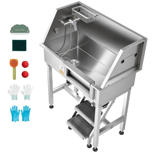 Alt view image 15 of 15 - 34" Dog Grooming Bath Tub Stainless Steel w Stairs Faucet Showerhead