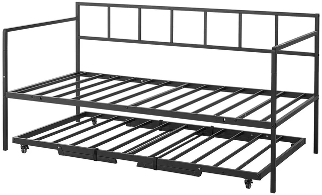 Main image of VEVOR Twin Daybed with Pop Up Trundle Metal Twin Day Bed Frame Pull Out, for Living Room Bedroom Guest Room, Space Saving, Heavy-Duty Metal Sofa Bed Support, Lockable Casters, Easy Assembly, Black
