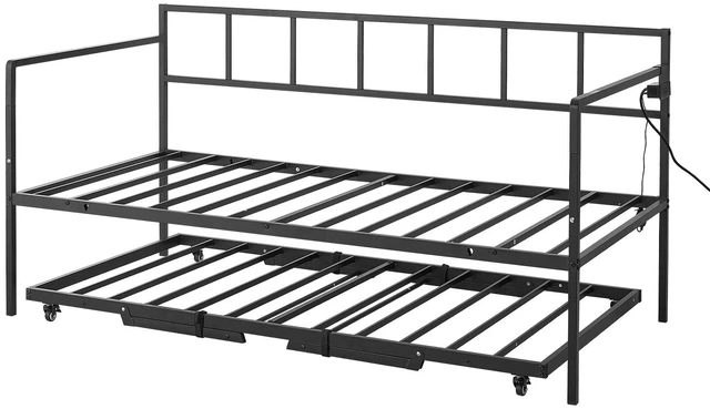 Main image of VEVOR Twin Daybed with Pop Up Trundle Metal Charging Station LED Light, for Living Room Bedroom Guest Room, Heavy Duty Twin Size Sofa Day Bed Frame, Height Adjustable, with Lockable Casters, Black