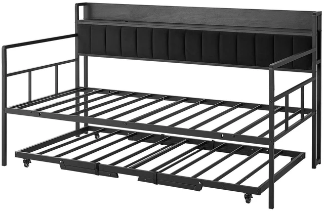 Main image of VEVOR Twin Daybed with Pop Up Trundle Bed Frame Charging Station LED Light, for Living Room Bedroom Guest Room, Heavy Duty Sofa Day Bed with Storage Headboard, 4 Casters, Height Adjustable, Black