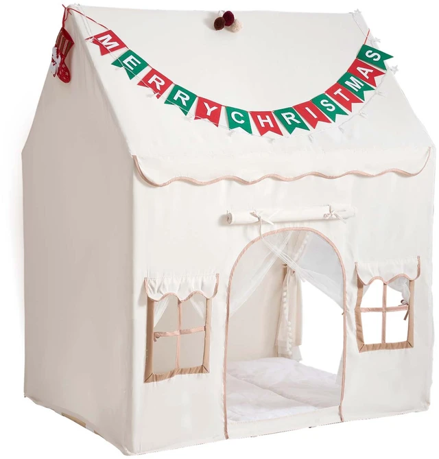 Main image of VEVOR Kids Play Tent 2 in 1 Wood Frame Toddler Tent with Padded Mat Beige, for Girls Boys Birthday Play, Indoor & Outdoor Playhouse, Cozy Reading Corner, with Stars Lights, Pompoms, Breathable Window