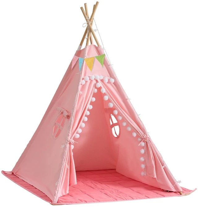 Main image of VEVOR Kids Play Tent Pine Wood Teepee Tent for Kids Cotton Canvas Pink, for Toddlers Girls Boys Play, Indoor & Outdoor, with Padded Mat, Stars Lights, Carry Bag, Flag, Breathable Window, Pompom