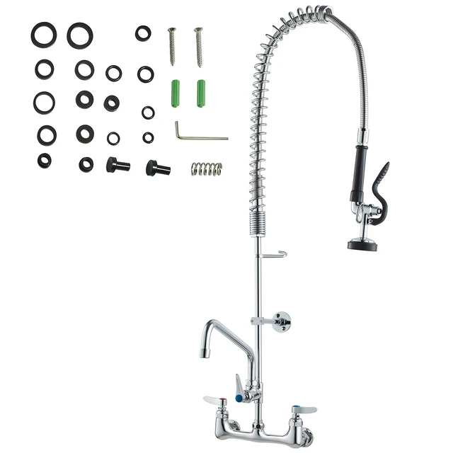 Alt view image 15 of 15 - VEVOR Commercial Faucet with Pre-Rinse Sprayer, 36" Height, 8" Center, 12" Swing Spout, Wall Mount Kitchen Sink Faucet, Brass Constructed Device with Pull Down Spray, for 1/2/3 Compartment Sink