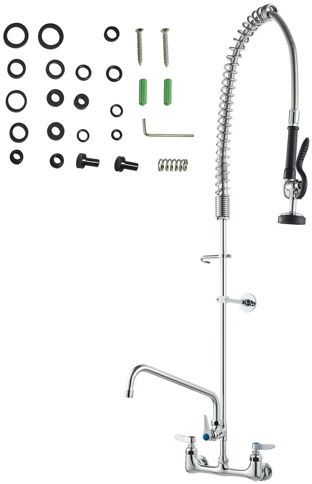 Alt view image 15 of 15 - VEVOR Commercial Faucet with Pre-Rinse Sprayer, 47" Height, 8" Center, 12" Swing Spout, Wall Mount Kitchen Sink Faucet, Brass Constructed Device with Pull Down Spray, for 1/2/3 Compartment Sink
