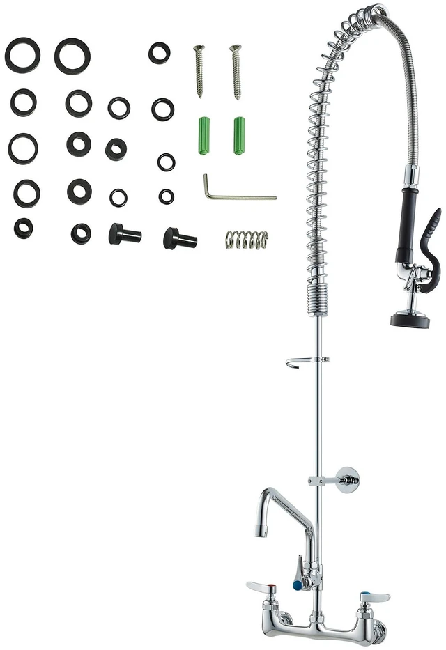 Alt view image 15 of 15 - VEVOR Commercial Faucet with Pre-Rinse Sprayer, 44" Height, 8" Center, 12" Swing Spout, Wall Mount Kitchen Sink Faucet, Brass Constructed Device with Pull Down Spray, for 1/2/3 Compartment Sink