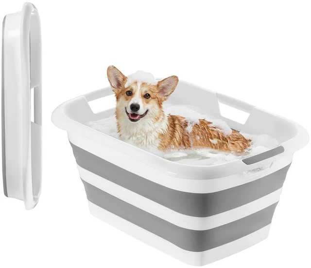 Alt view image 8 of 8 - VEVOR Dog Bathtub, Collapsible Dog Bath Tub, Pet Bathing Grooming Wash Shower Station, Portable Space-saving & Stable Support, Built-In Drainage Hole for Small Pet Puppy Doggie Cat Outdoor, Gray White