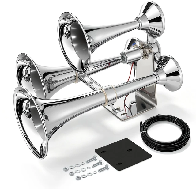 Main image of VEVOR 3-Trumpet Air Horn 150dB Super Loud Train Horn for Trucks SUVs, Fits 12V/24V Vehicles & Boats, Powerful Sound, Strong Penetration, Built-in Solenoid Valve, High Airtightness, Heavy-Duty Metal