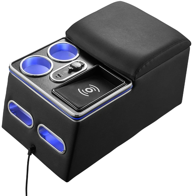Main image of VEVOR Universal Rear Bench Seat Center Console with 7-Color Ambient Lights, Wireless/USB/Cigarette Lighter Charging, Back Seat Central Console Organizer with Cup & Phone Holders for MPV, Sedan, SUV