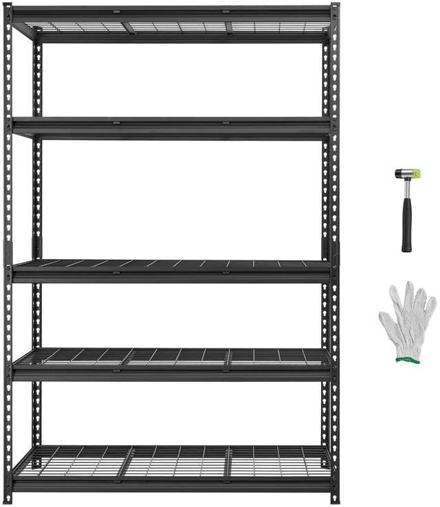 Main image of VEVOR Storage Shelves, 5-Tier 3000 lbs Garage Shelving 48 x 24 x 71.4 in, for Garage, Basement, Warehouse, Kitchen, Heavy-Duty Metal Stable Construction, Adjustable Wire Racks, with Gloves, Black