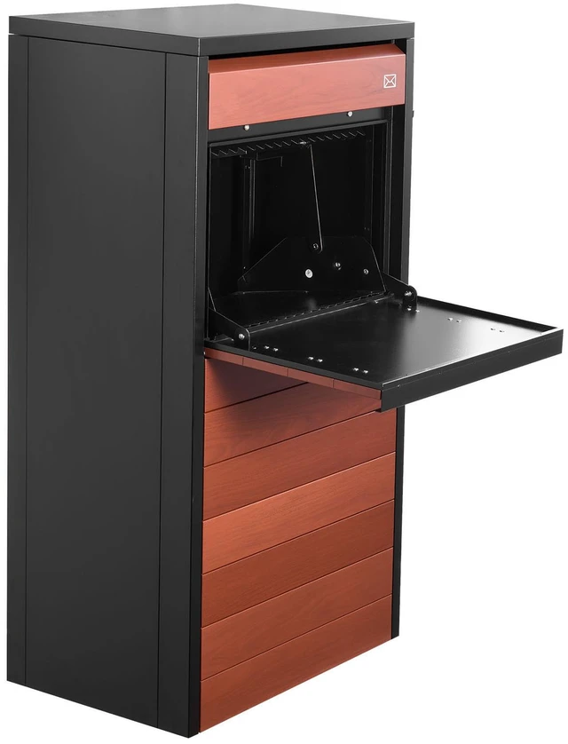 Main image of VEVOR Package Delivery Box for Outside 44.09 in Large Metal Parcel Drop Box, for Porch, Curbside & House Storage, Lockable Anti-Theft Waterproof Weatherproof, Secure Mailbox for Outdoor, Black & Brown