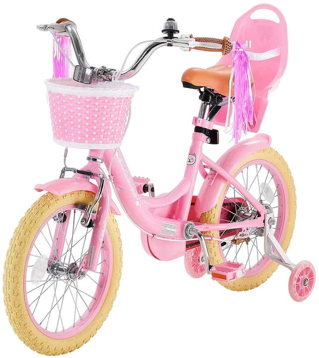 Main image of VEVOR Kids Bike, 16 Inch Children Bicycle, Training Wheels Princess Pink, for Girls Ages 4-7, Adjustable Seat, Front Brake and Rear Drum Brake, Front Basket, Doll Seat, High-Carbon Steel Frame
