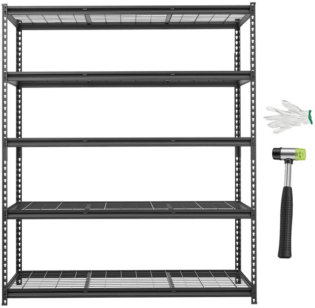 Main image of VEVOR Storage Shelves, 5-Tier 3000 lbs Garage Shelving 60 x 24 x 71.4 in, for Garage, Basement, Warehouse, Workshop, Heavy-Duty Metal Stable Construction, Adjustable Wire Racks, with Gloves, Black