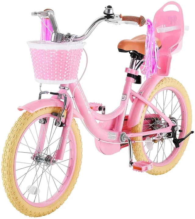 Main image of VEVOR Kids Bike, 18 Inch Children Bicycle, Kickstand Princess Style Pink, for Girls Ages 5-8, Adjustable Seat, Front Brake and Rear Drum Brake, Front Basket, Doll Seat, High-Carbon Steel Frame