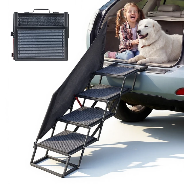 Alt view image 8 of 8 - VEVOR Dog Stairs for Car, 4 Steps Extra Wide Foldable Dog Ramp for Large Dogs with Non-Slip Rug Surface, Portable Lightweight Pet Ladder for Car, SUV, Truck, High Beds, Sofas, Support up to 400 lbs